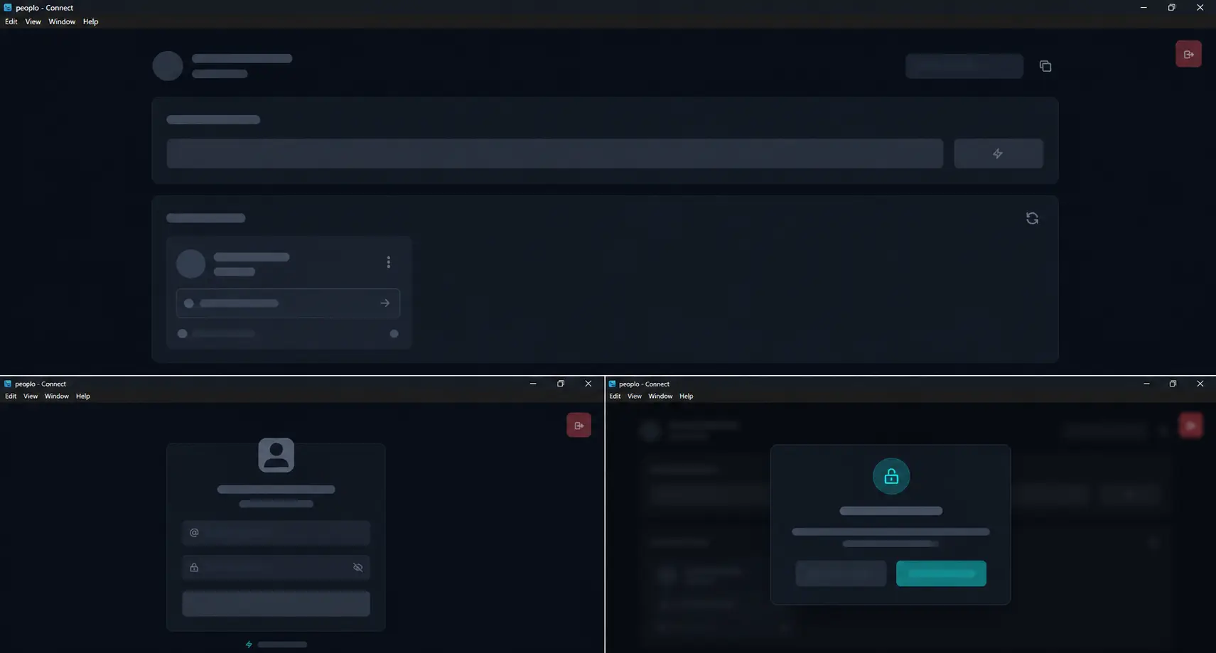 secure remote desktop connection interface showing encrypted session, network connectivity, teal and dark theme technology UI
