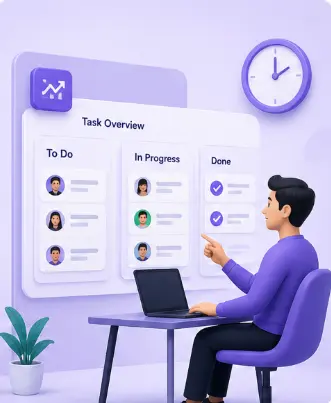 team collaboration with digital workflow overlay, productivity boost visualization, modern purple themed interface