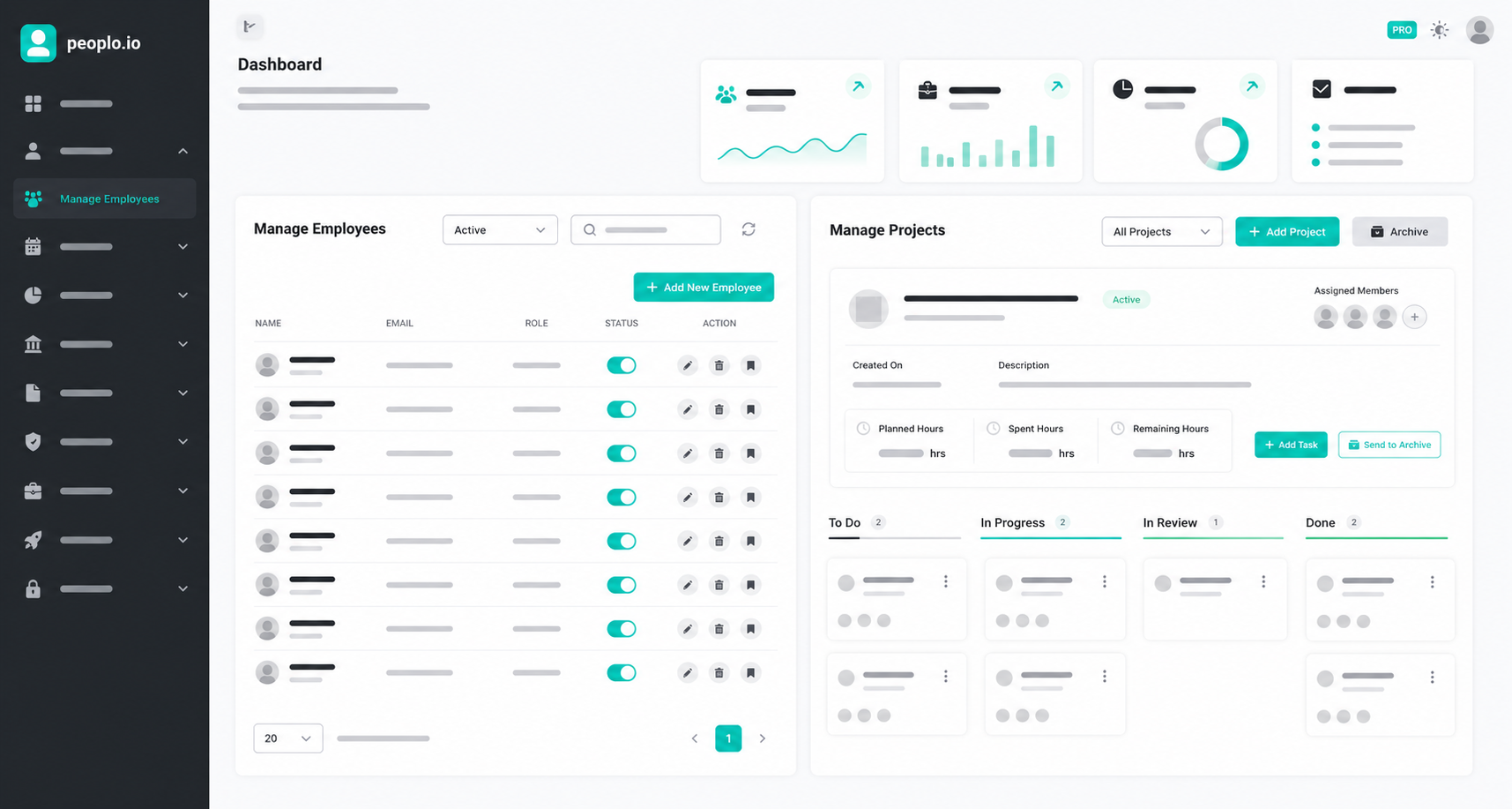 modern HR management dashboard interface showing employee cards, leave management, and workforce analytics