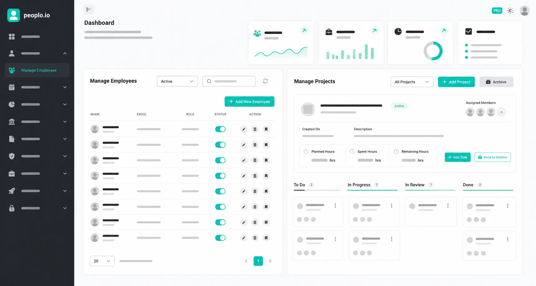 modern HR management dashboard interface showing employee cards, leave management, and workforce analytics