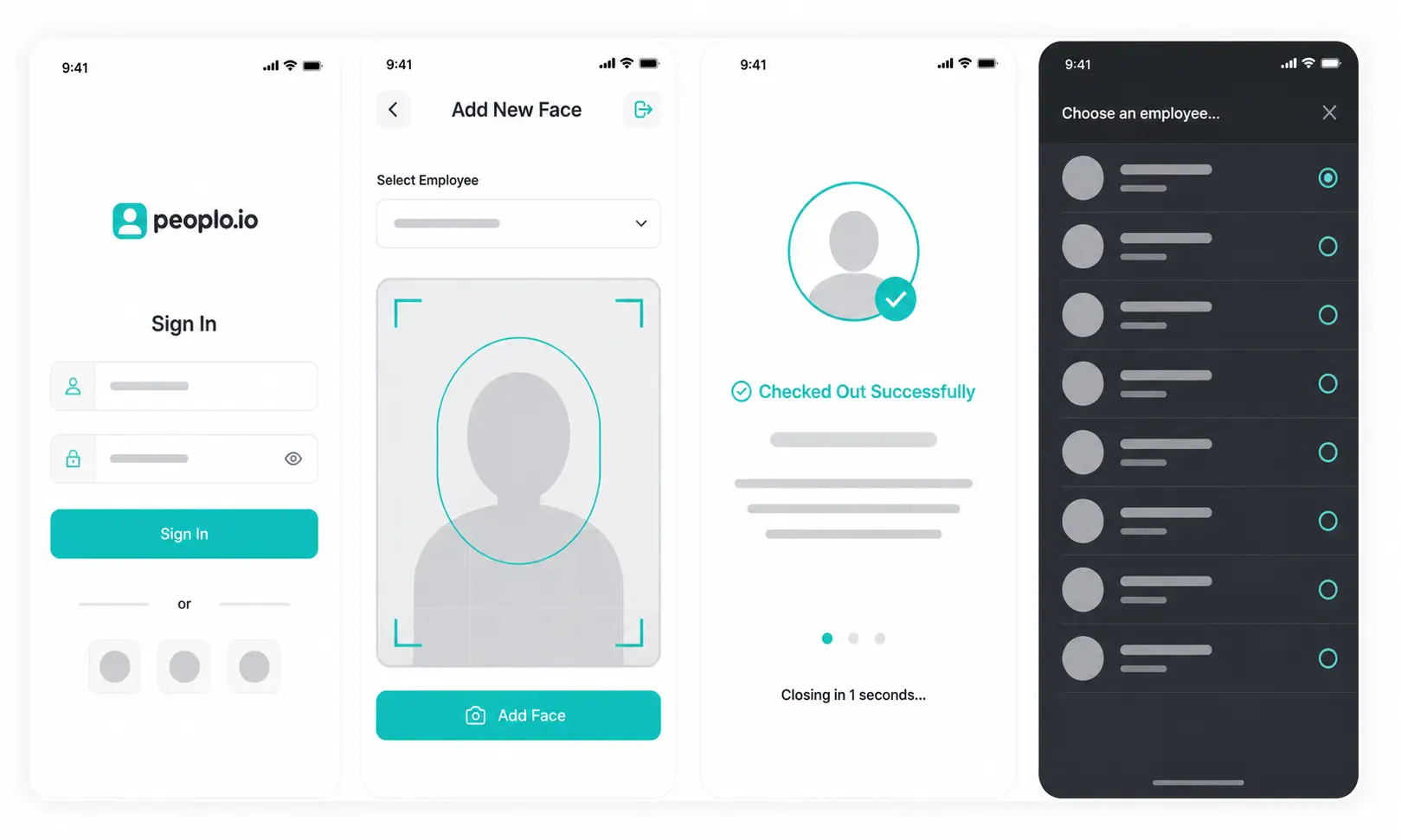 facial recognition attendance system interface with AI face scan technology, modern blue UI, showing biometric authentication screen