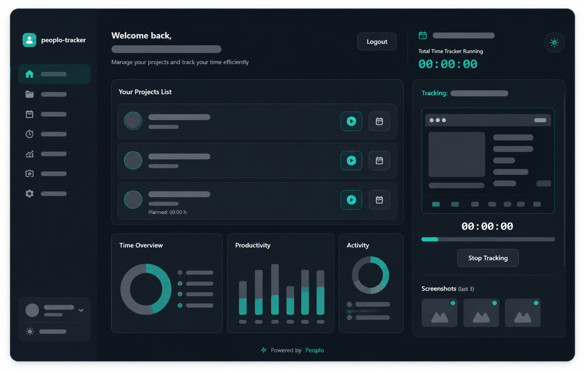 productivity tracking dashboard with activity charts, time analytics, purple theme, modern work monitoring interface