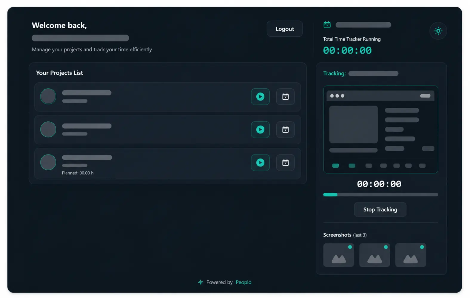 productivity tracking dashboard with activity charts, time analytics, purple theme, modern work monitoring interface